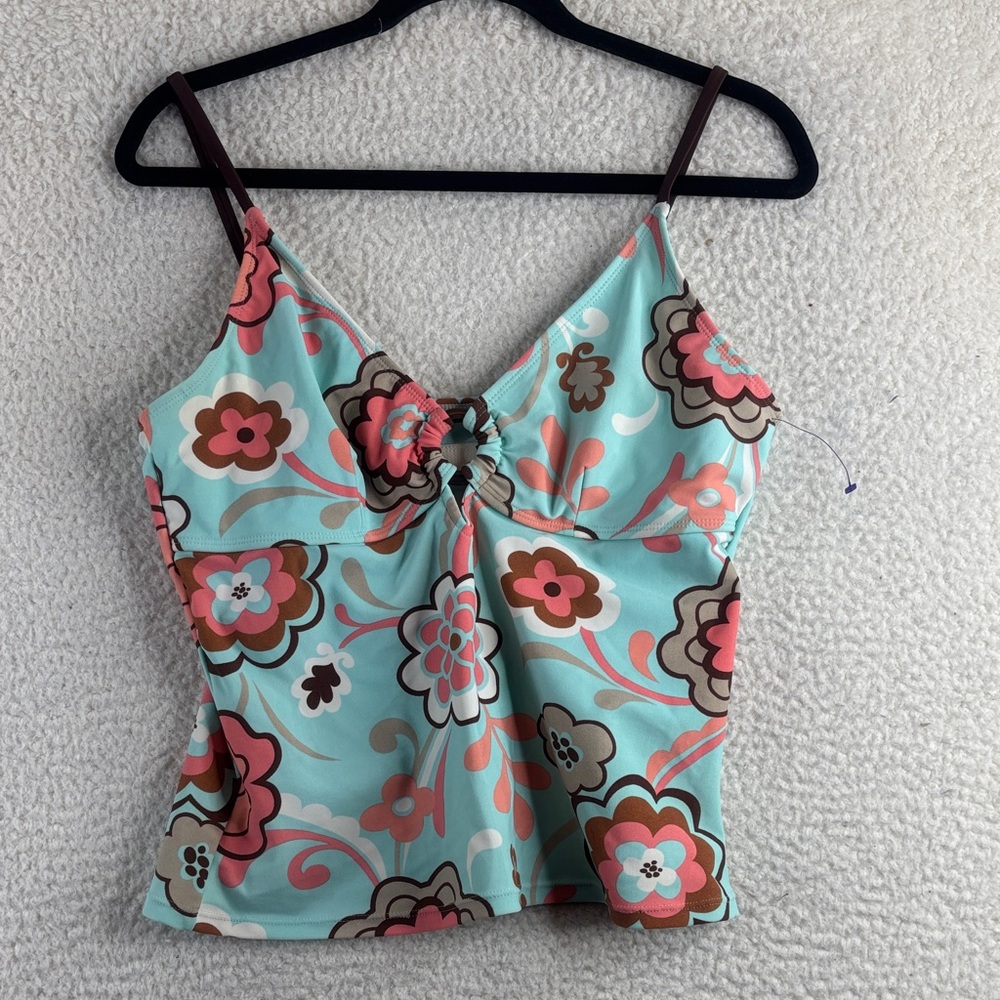 NWOT Ocean Dream Womens Blue Pink Floral V-Neck Tankini Swimsuit Top Size 14